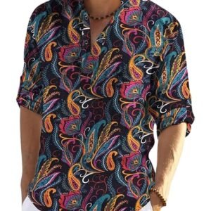 Men's Cotton Blend Full Sleeve Printed Short Kurta with Mandarin Collar Crafted from a Premium Cotton Blend