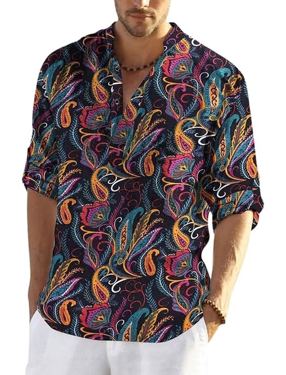 Men's Cotton Blend Full Sleeve Printed Short Kurta with Mandarin Collar Crafted from a Premium Cotton Blend